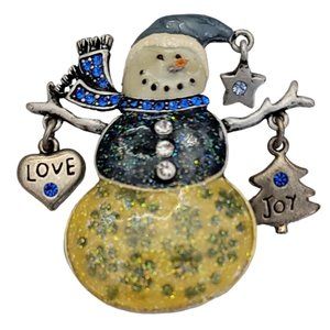 Kenneth Cole Blue Rhinestone Enamel, Love Joy Charm Dangle Snowman Brooch, K654